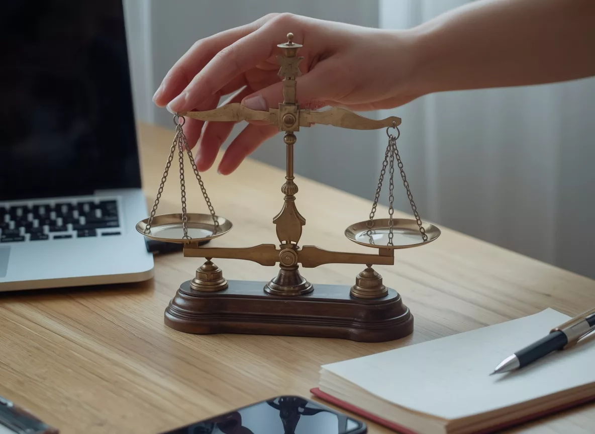 Person balancing a scale with laptop and notebook representing AI content balance