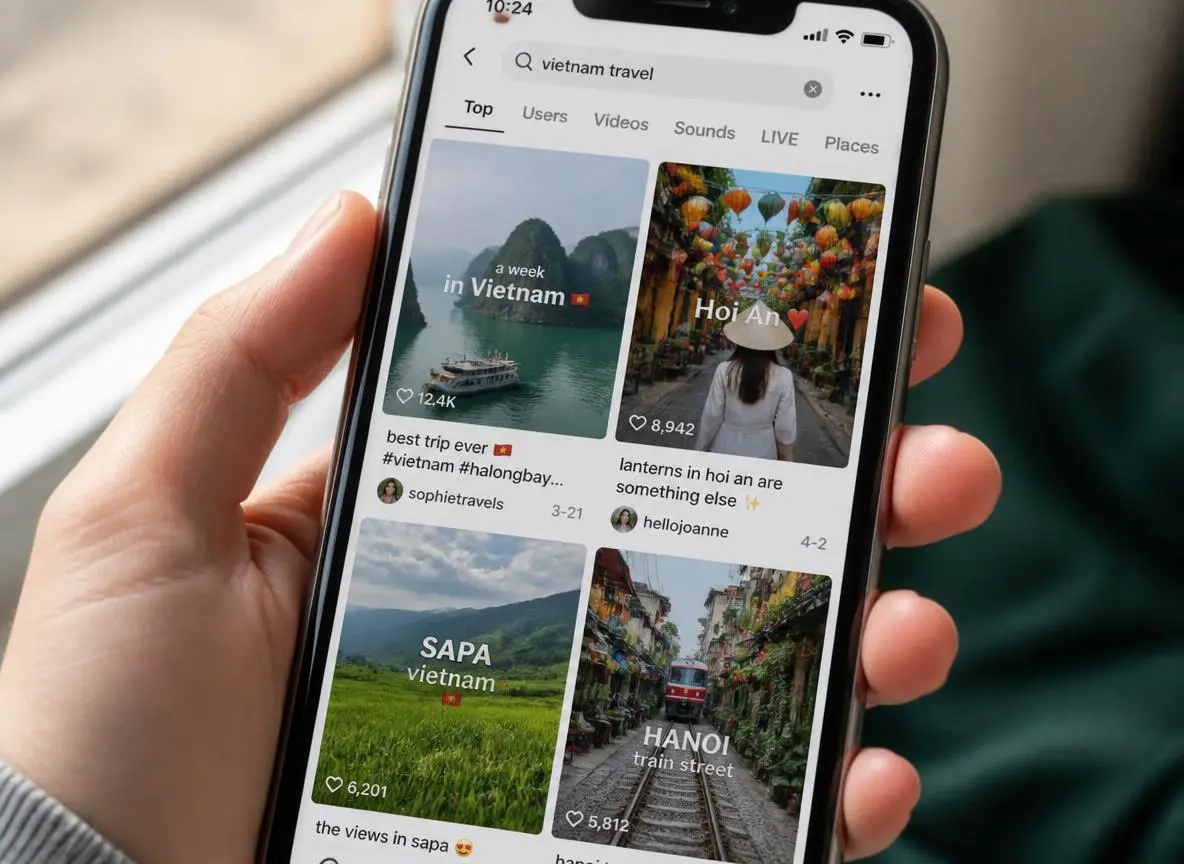 Phone screen showing a grid of TikTok search results for a query