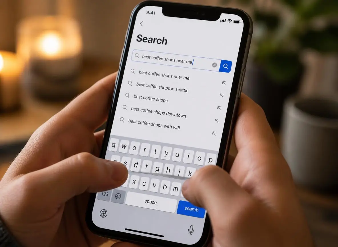 Person typing a search query into the TikTok app search bar