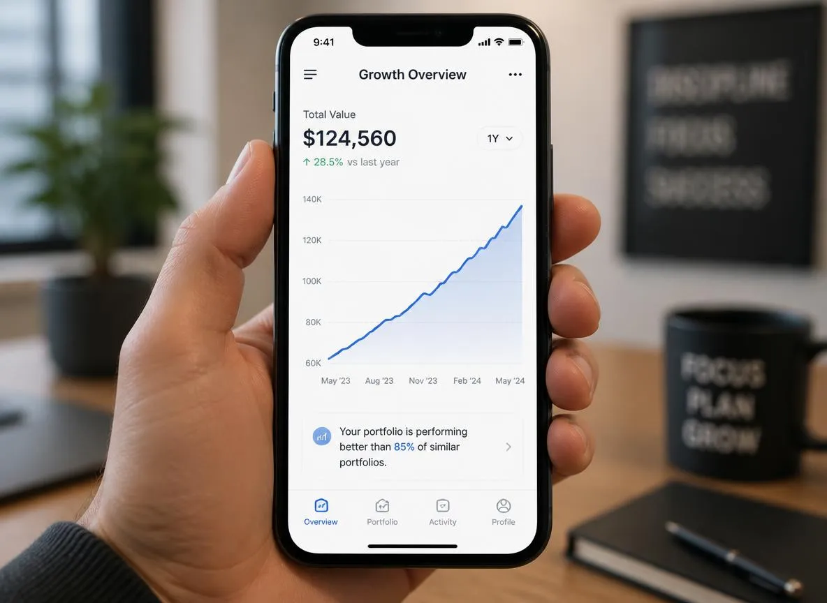 Steady upward growth line on phone screen showing consistent social media growth