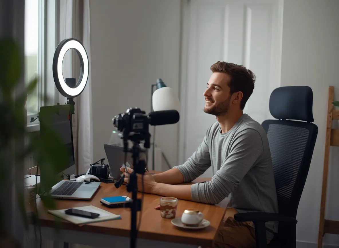 Creator filming content in home studio as part of a consistent posting routine