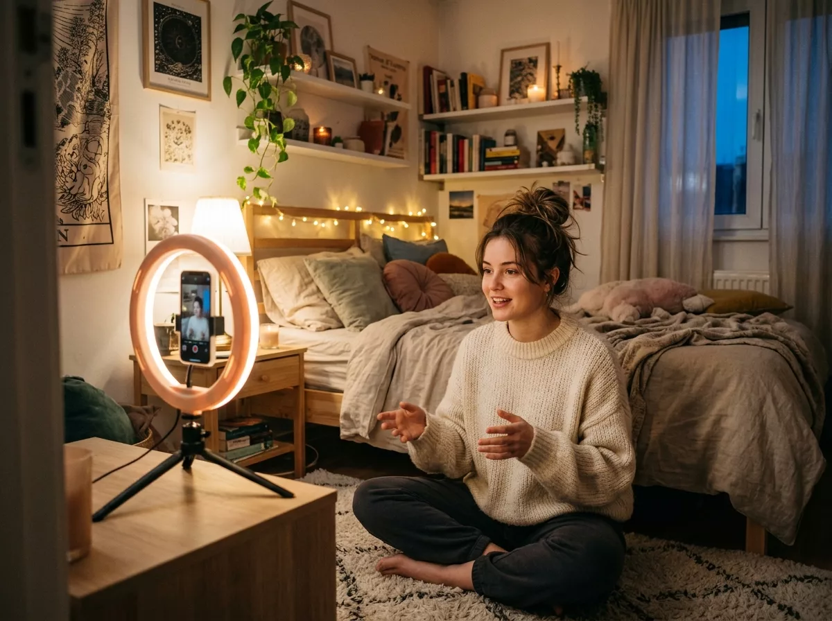 Small creator filming content in a bedroom studio setup