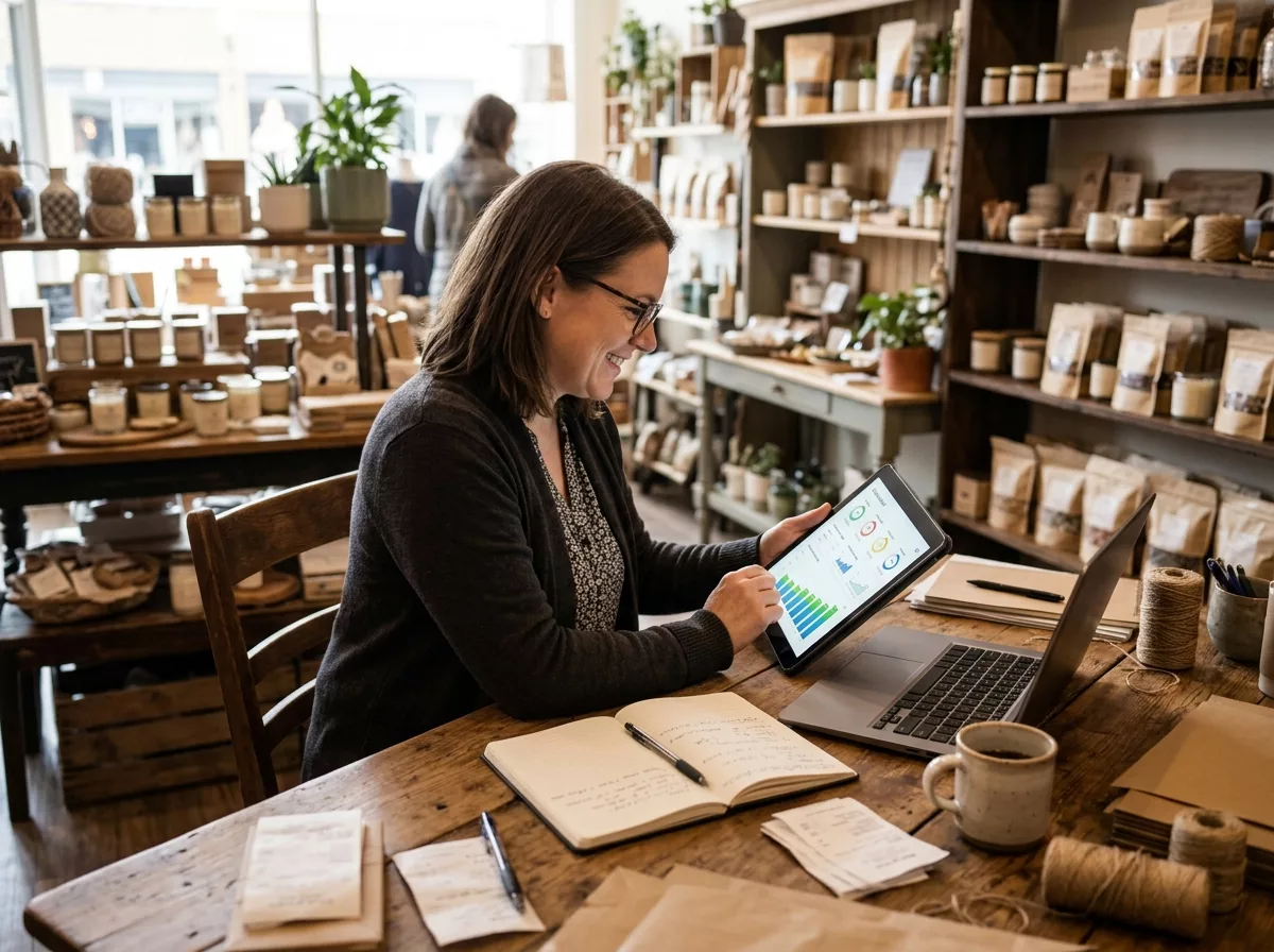 Small business owner posting on social media from their phone in the shop