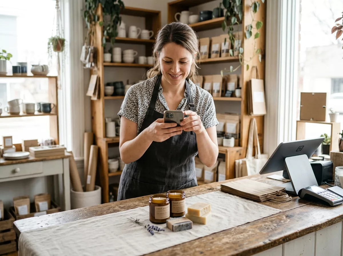 Small business owner checking social media growth analytics