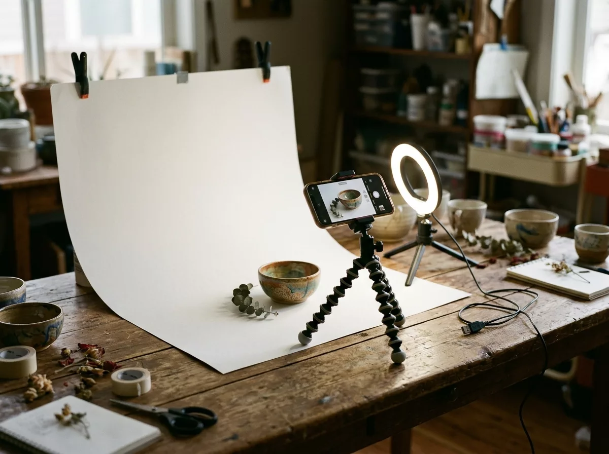 Handmade product photography setup on a table for small business content