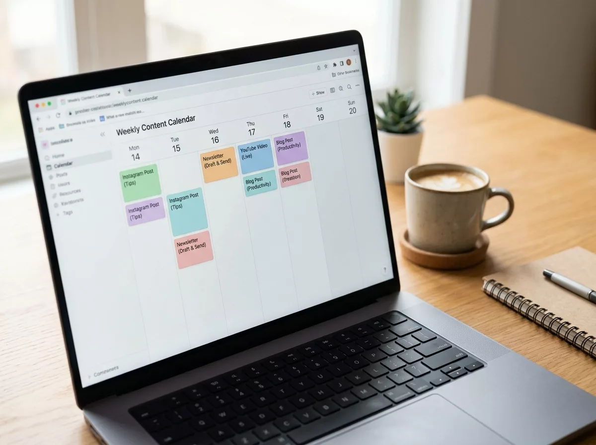 Simple content calendar on laptop screen for small business social media planning