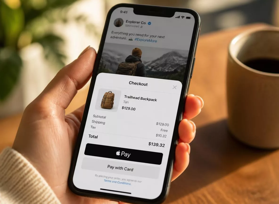 Phone screen showing in-app checkout on a social media post