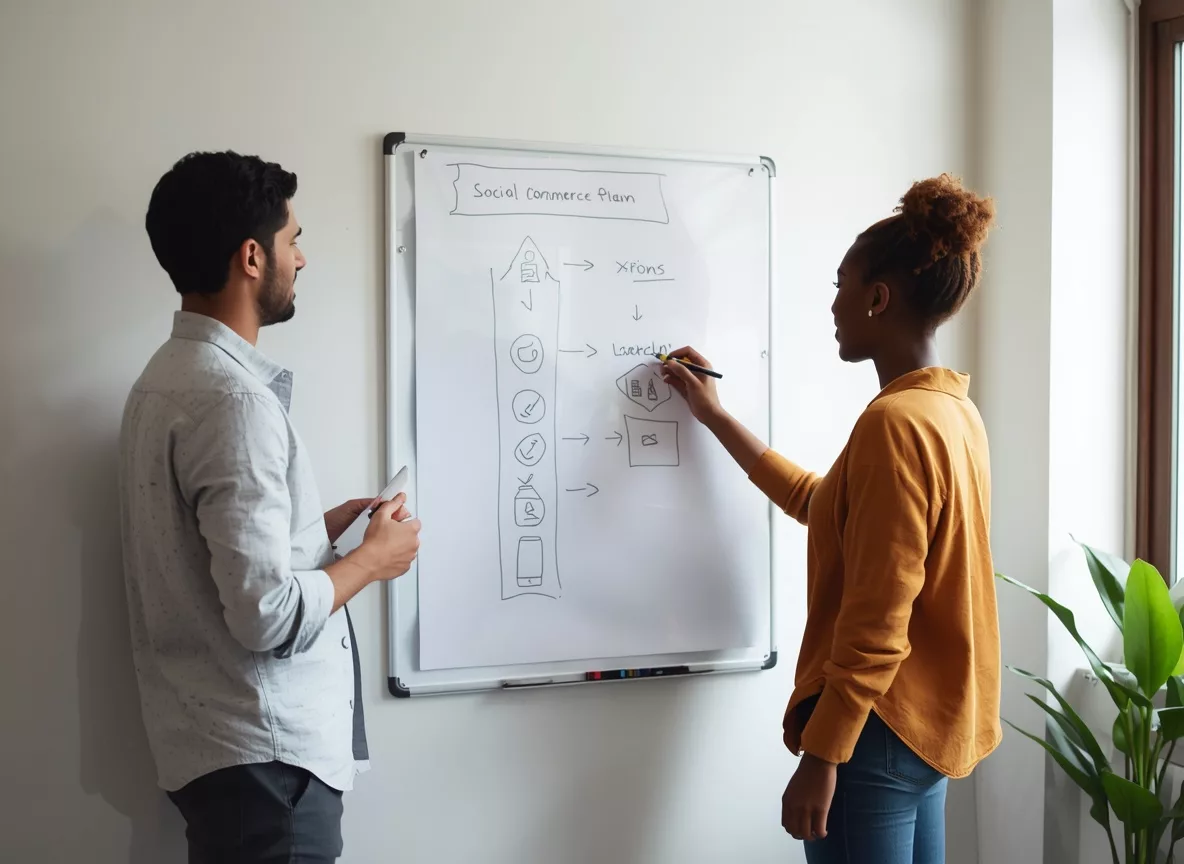 Team planning social commerce launch on a whiteboard