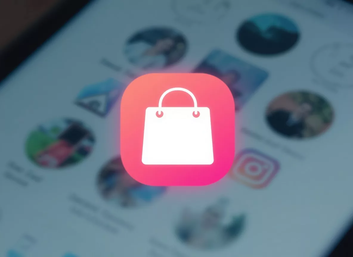 Shopping bag icon overlaid on a social media feed representing social commerce