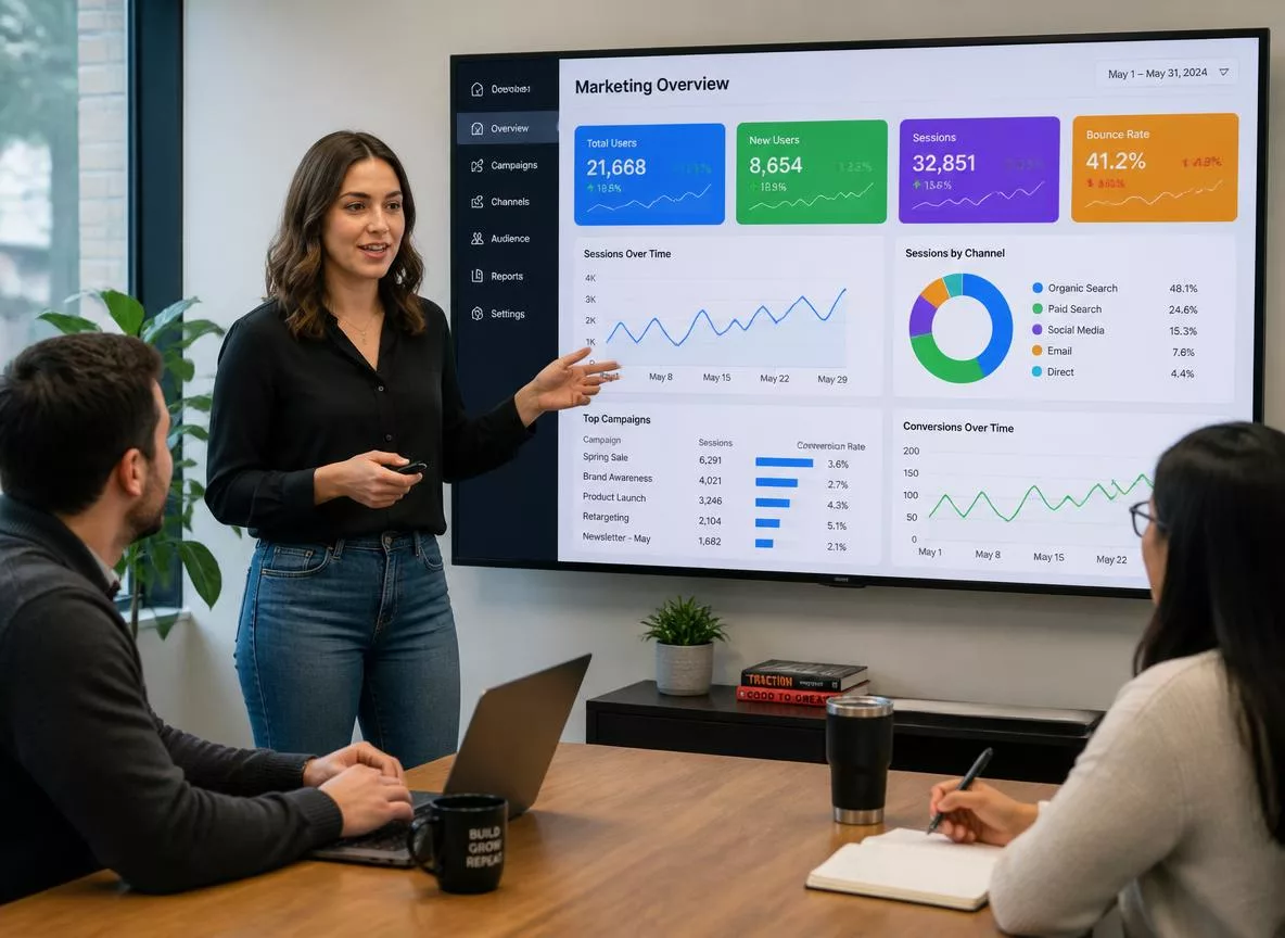 Marketer presenting a social media ROI analytics dashboard in a meeting