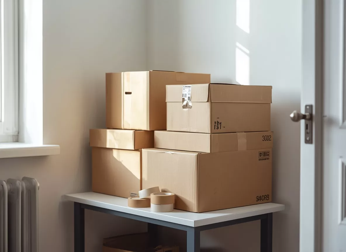Package boxes ready for shipping in a small brand's home studio