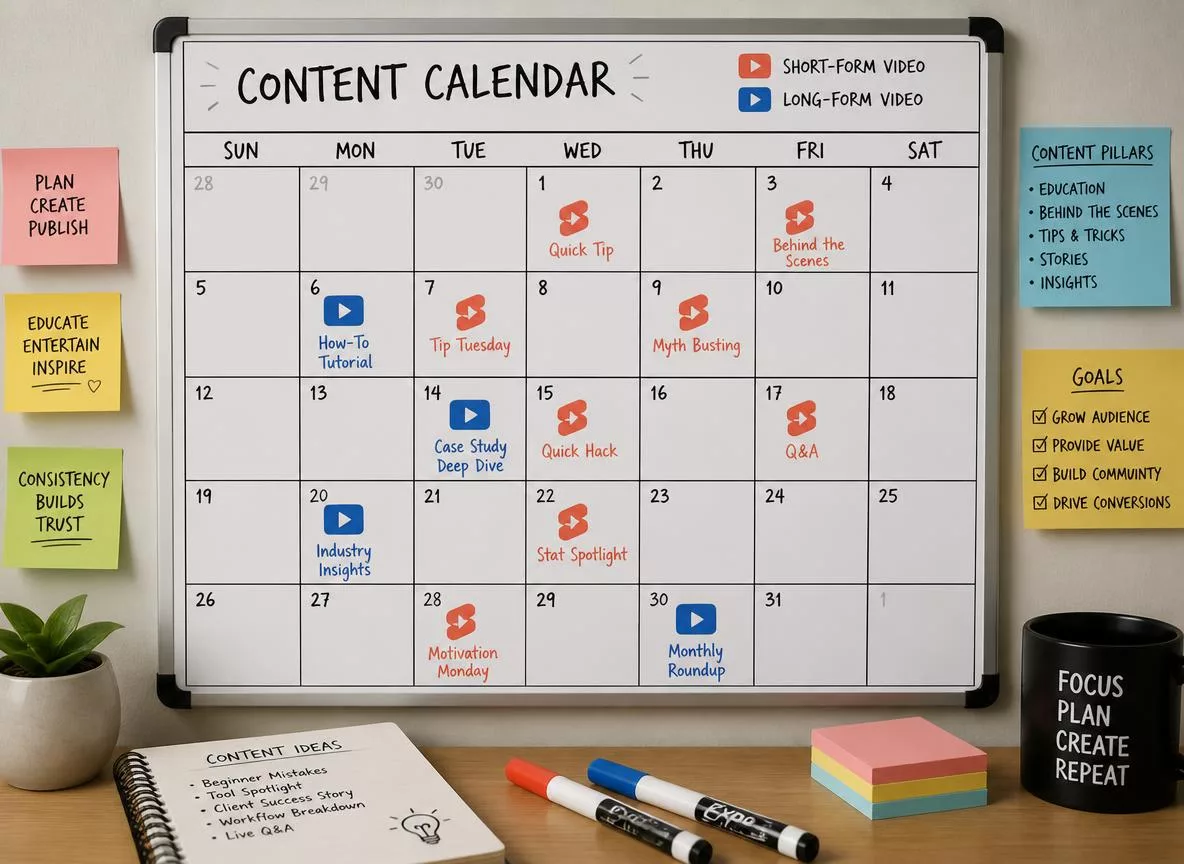 Content calendar mixing short and long form video formats