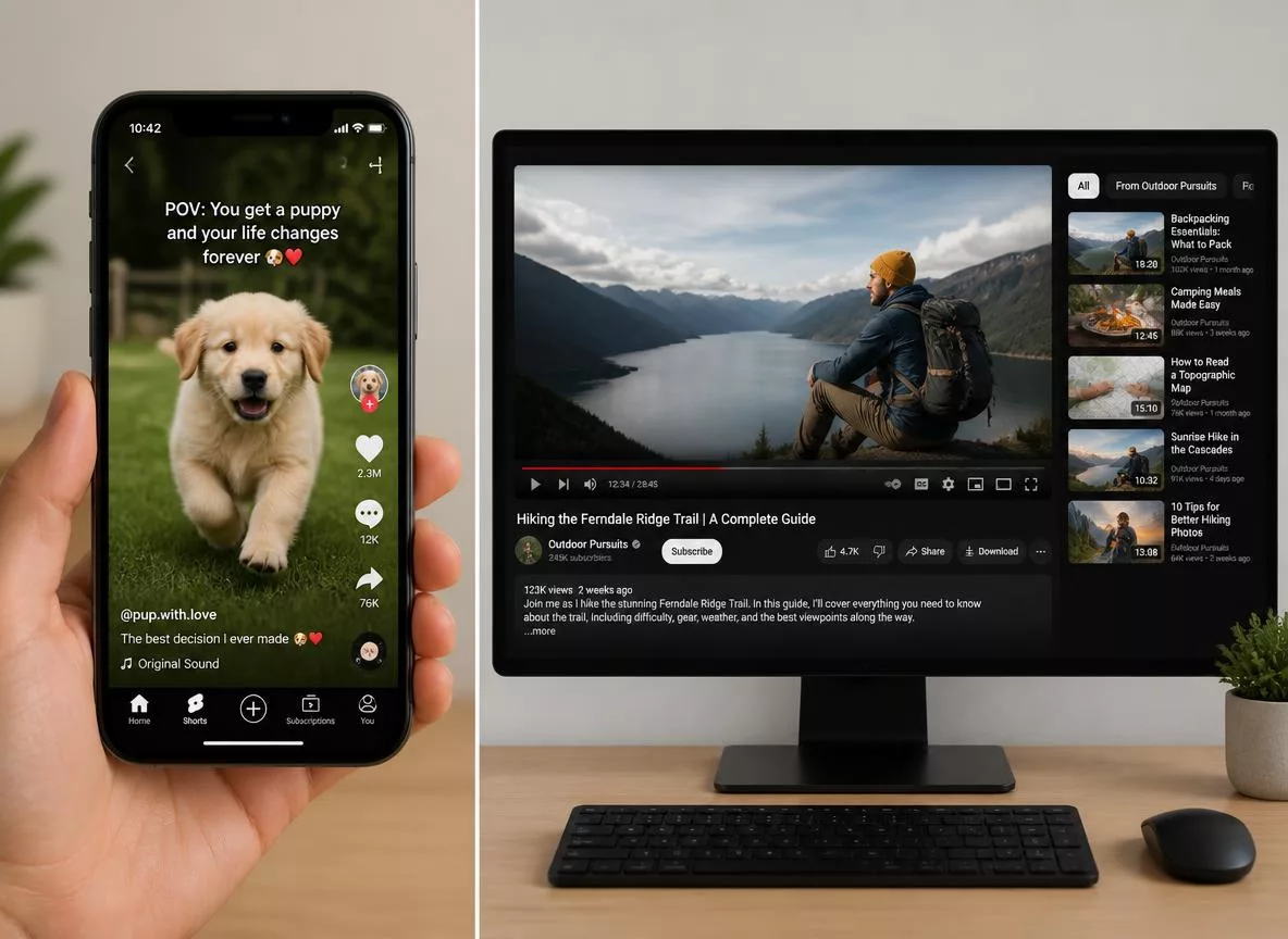 Split screen showing phone vertical video and desktop long-form video