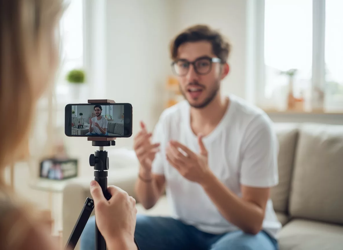 Creator filming a short video with a phone tripod